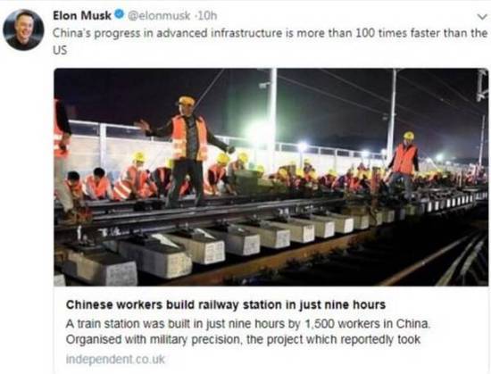 中国工人施工速度令马斯克惊叹 相比之下美国速度太慢