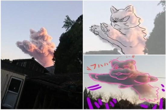 日本一火山喷发出粉红色＂猫＂ 网友脑洞大开发挥绘画天赋