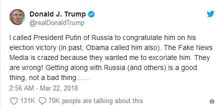 美俄首脑通话遭披露 特朗普祝贺普京当选总统并谈及军备竞赛