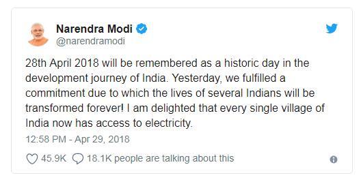 印度所有村庄通电 莫迪推特上写道是印度发展历程中历史系的日子