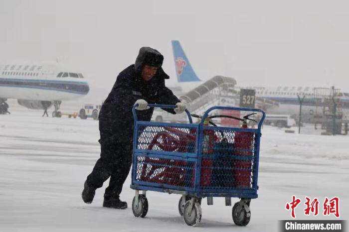 图为哈尔滨飞机场工作人员在机场被运送物品。　綦峰 摄